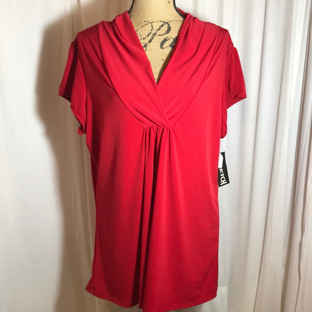 🆕 Red Shawl Collar Stretch V Neck Blouse Plus 3X